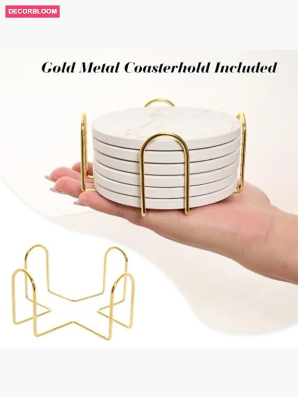 Set of 6 Round Ceramic Stone Coasters with Metal Holder - 4 Inch
